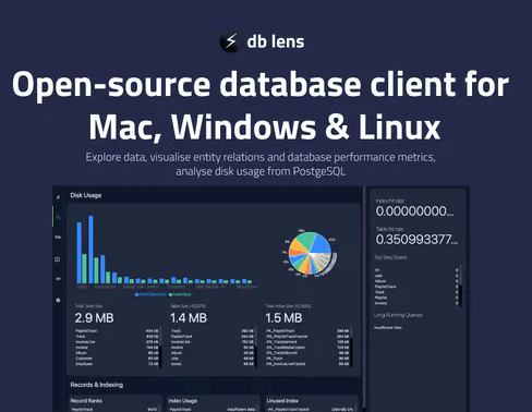 Cliente PostgreSQL gratuito con métricas de rendimiento de la base de datos, uso del disco DBLens
