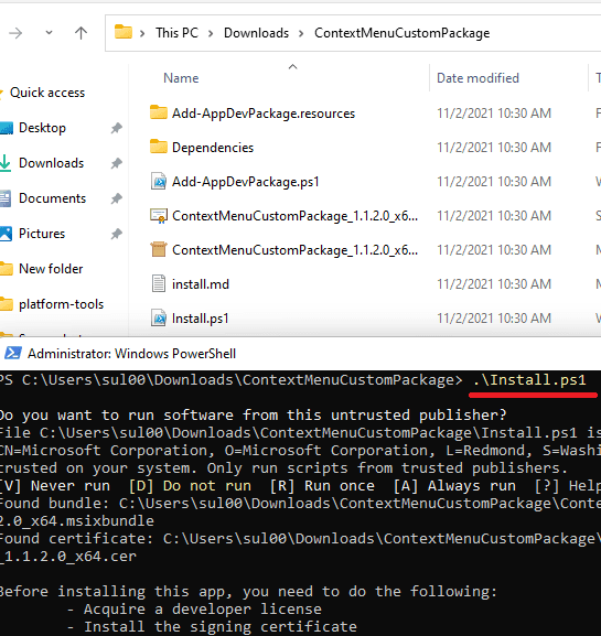 Menú contextual personalizado Windows 11 Ejecutar el instalador