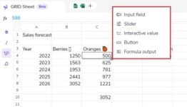 Hoja de calculo online gratuita con asistencia de IA, formulas de Grid.is